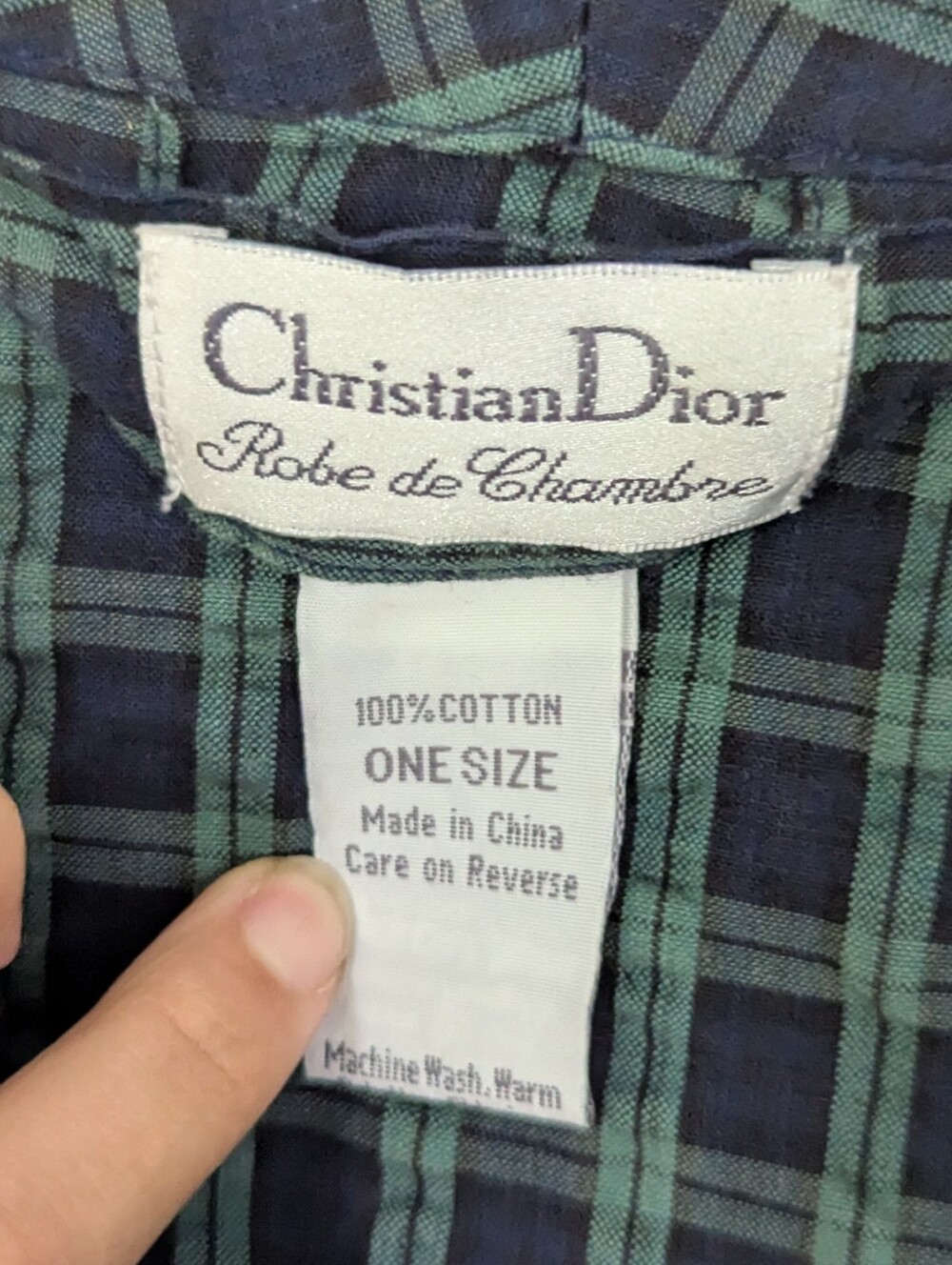 Vintage Christian Dior Robe De Chambre Plaid Robe Cotton Green Blue One Size - Picture 5 of 8